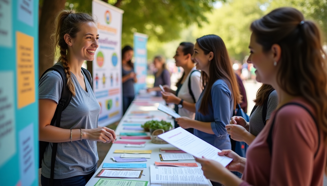 A volunteer speaking with community members at an informational booth during a local fair.