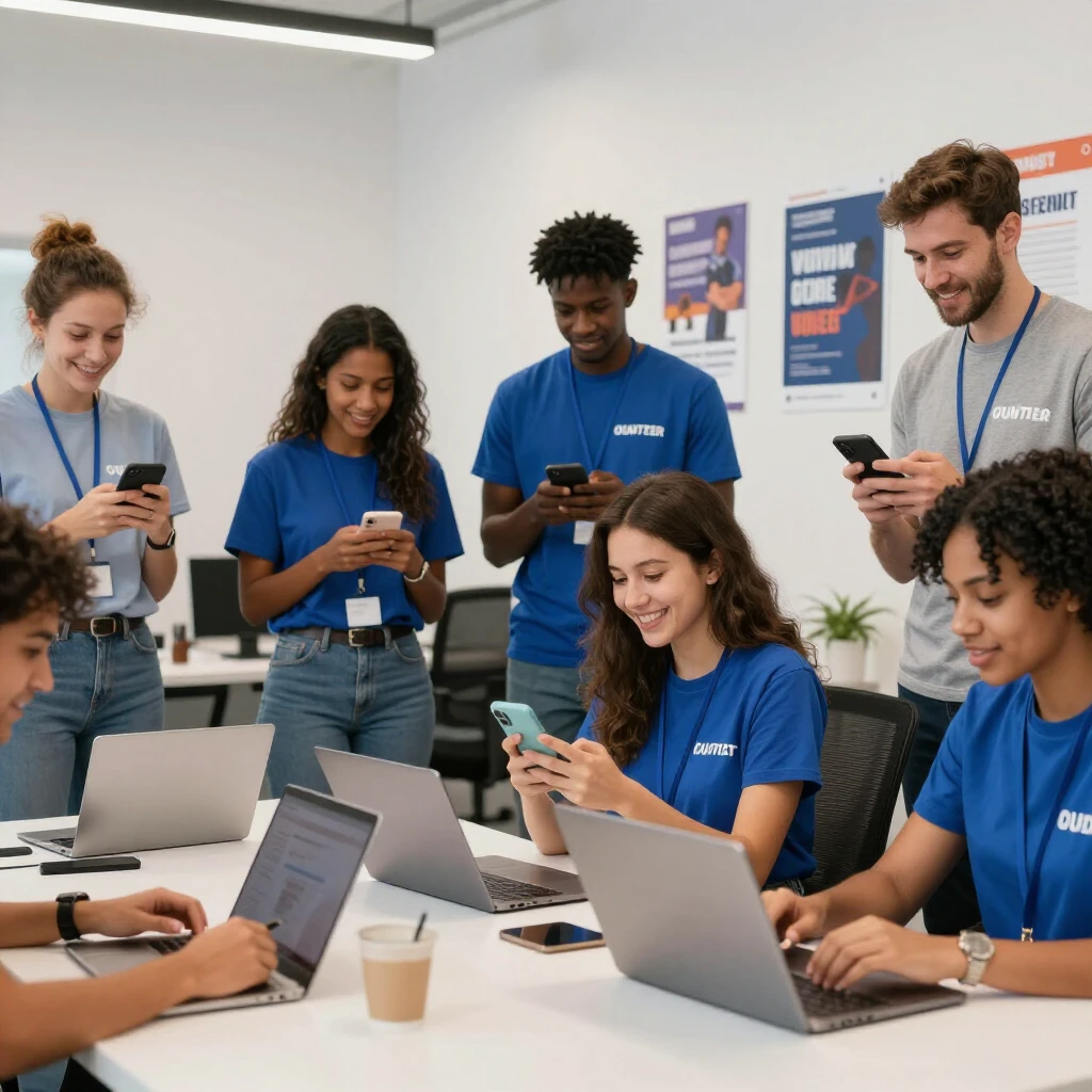 Diverse young volunteers coordinating advocacy campaign using digital devices in a modern office