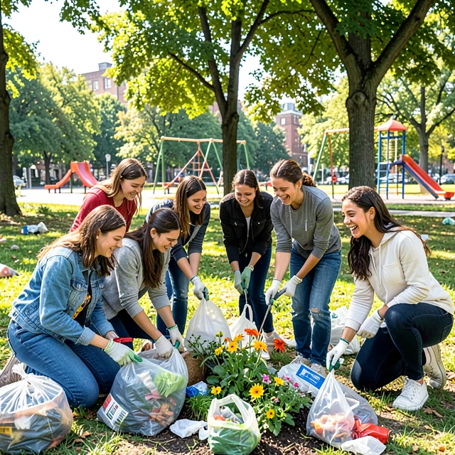 Diverse teen volunteers cleaning and beautifying a local park
