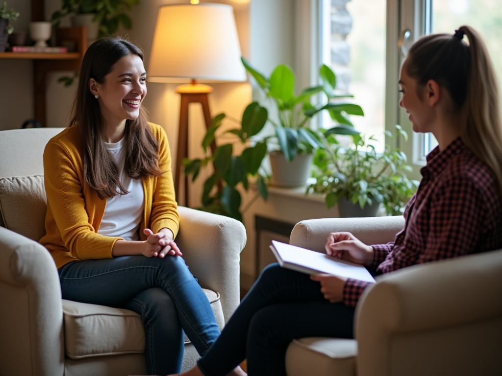 A volunteer receiving support from a counselor in a cozy setting.