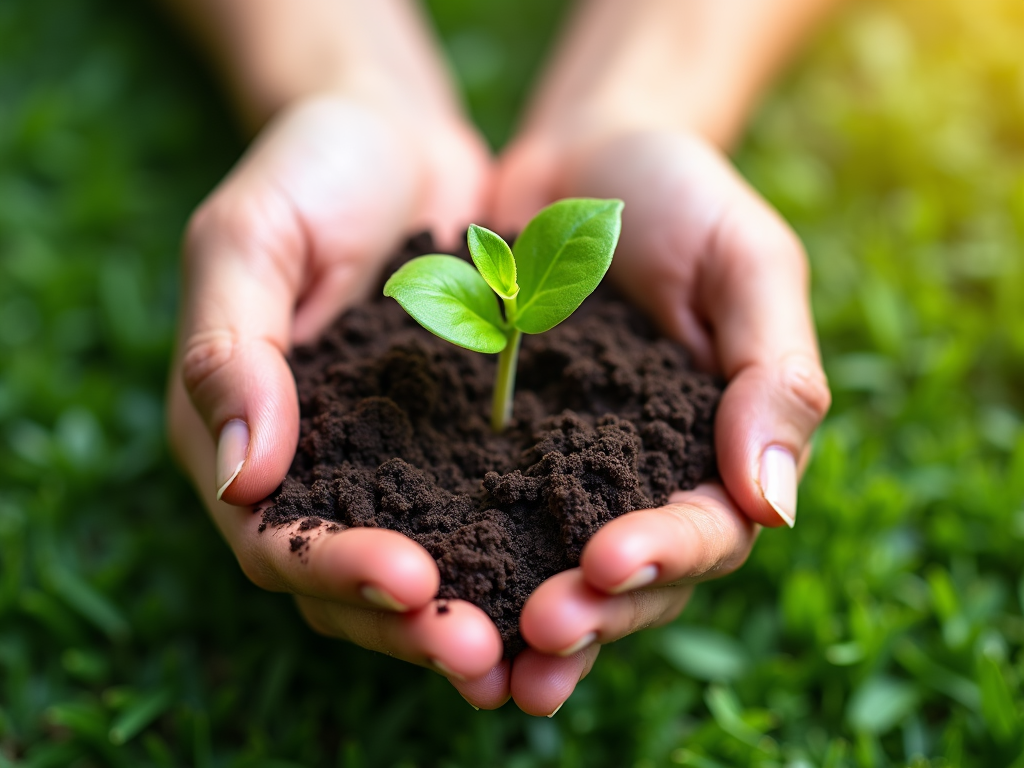 Hands holding a growing plant