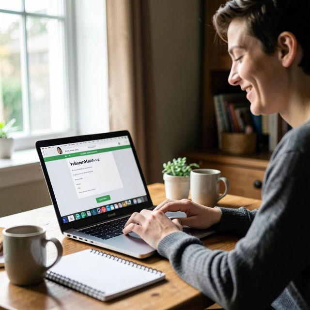 First-time volunteer browsing opportunities on a laptop at home