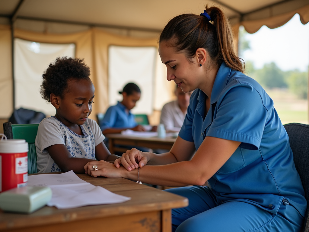 Nurse treating a child in a tent clinic