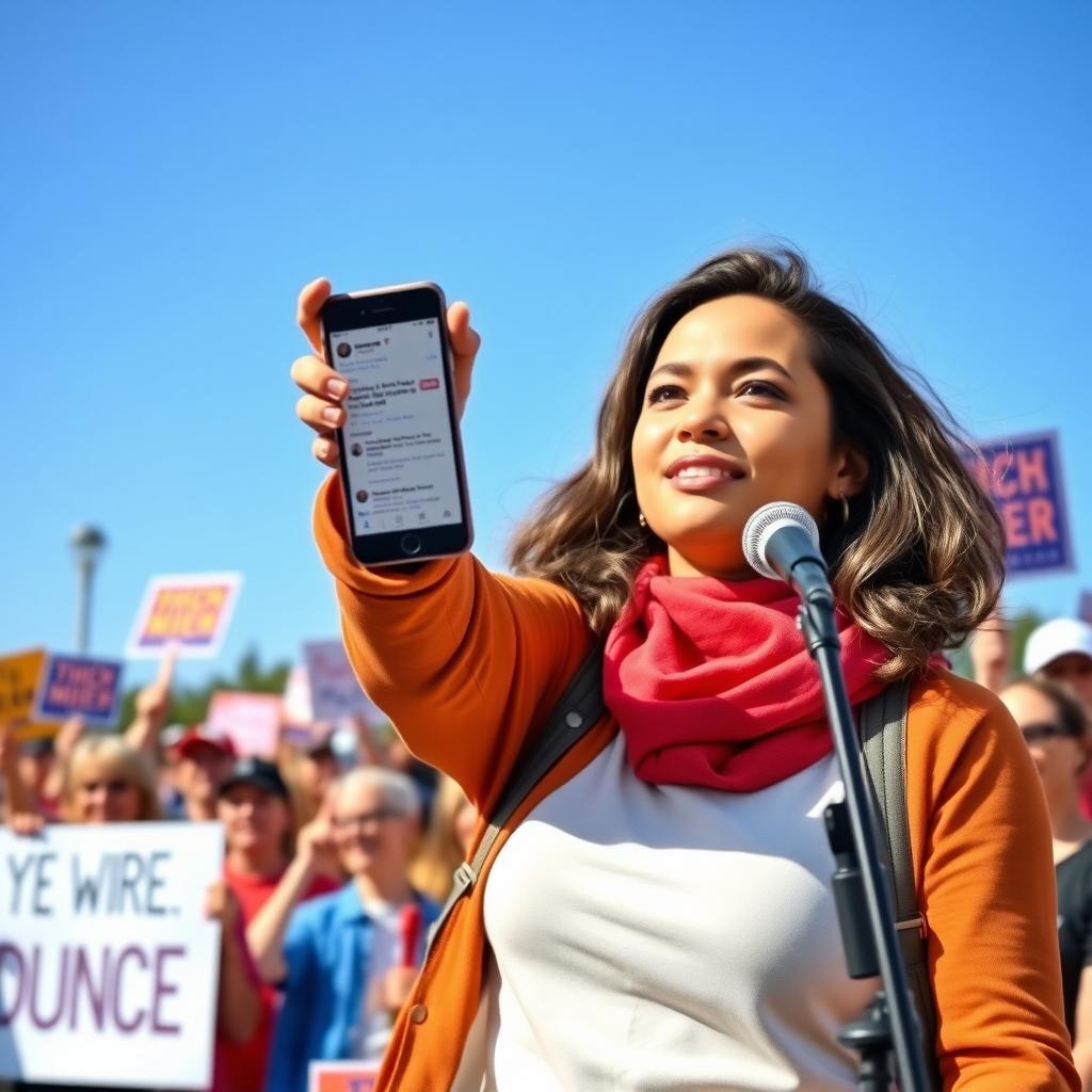 A young woman at a rally with a smartphone, speaking to a crowd of supporters