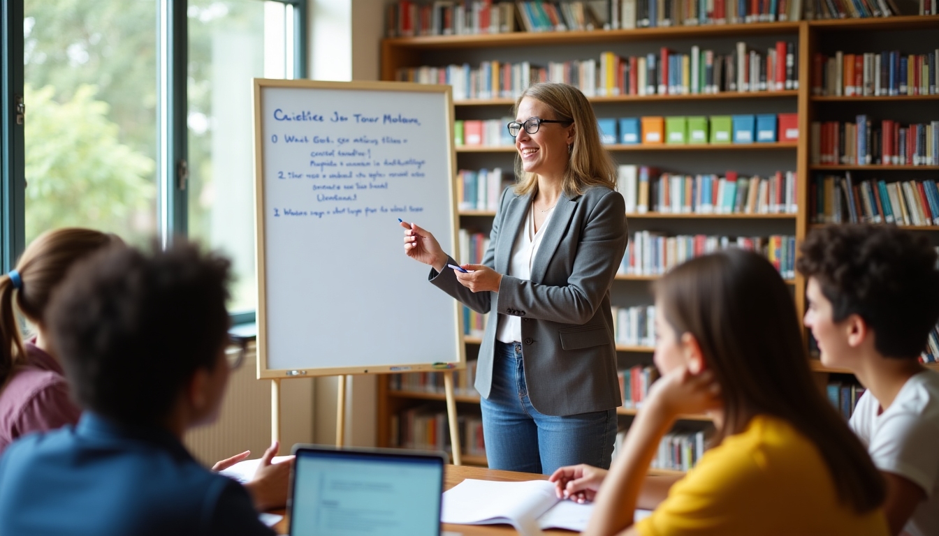 An educator discussing a grant proposal with a group of students in a library setting.