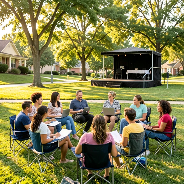 Diverse volunteers gathering for a grassroots strategy meeting in a community park