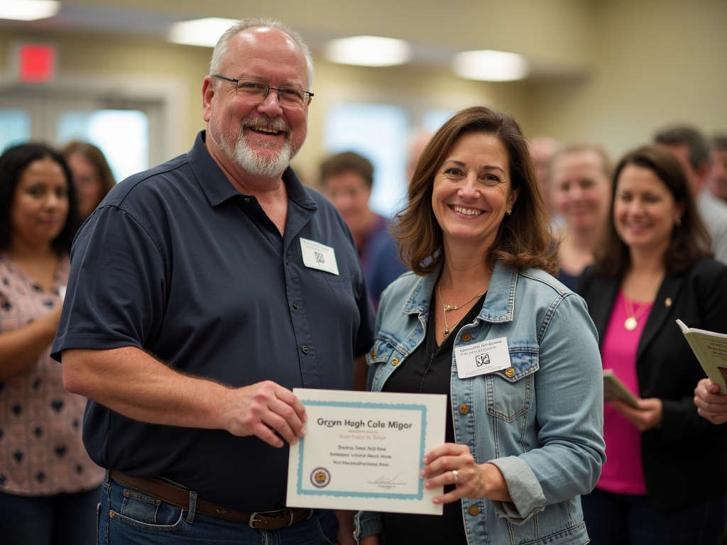 John and Maria at a community event, showcasing the positive outcomes of their volunteer and advocacy efforts.
