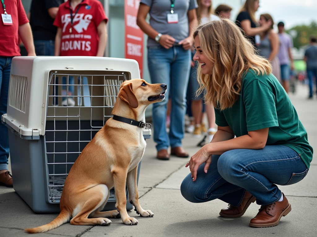 Volunteer with rescued dogs at adoption event.