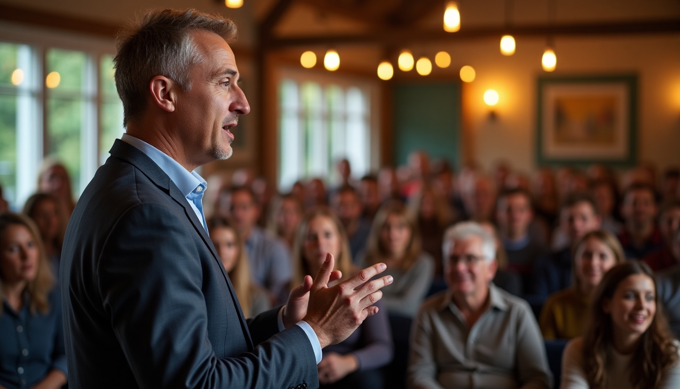 A passionate speaker at a small local event, engaging the audience on a social issue.