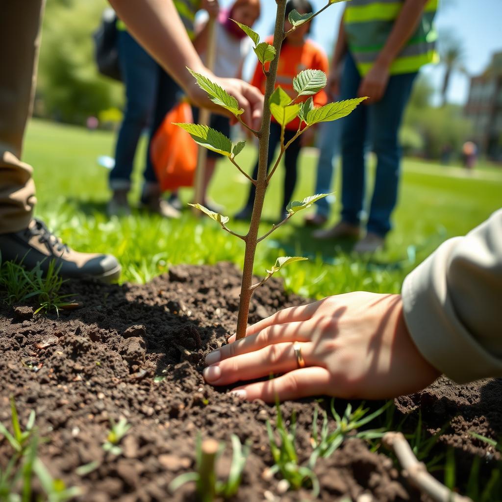 Volunteer planting a tree in a city park with others in the background