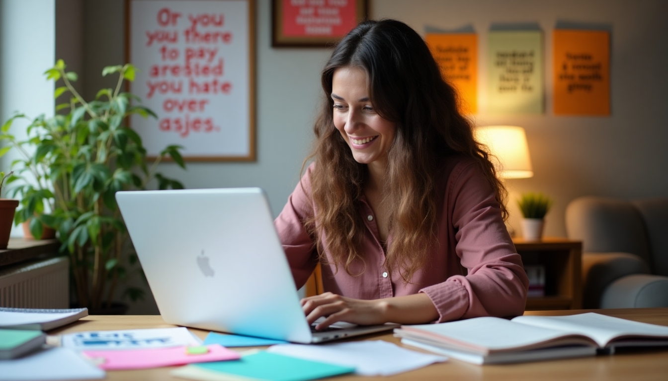A volunteer enthusiastically typing on a laptop, researching advocacy causes.