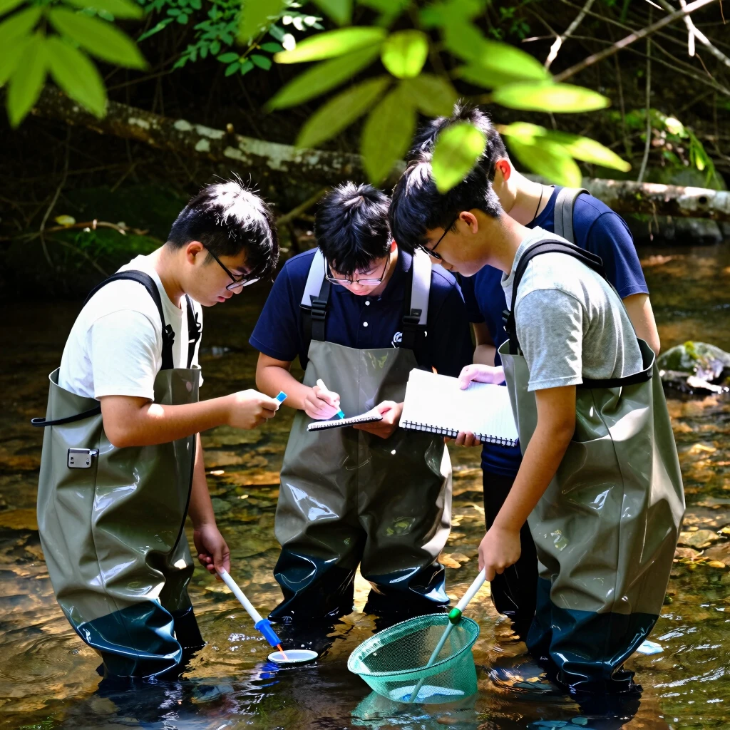 College students conducting river conservation volunteer work