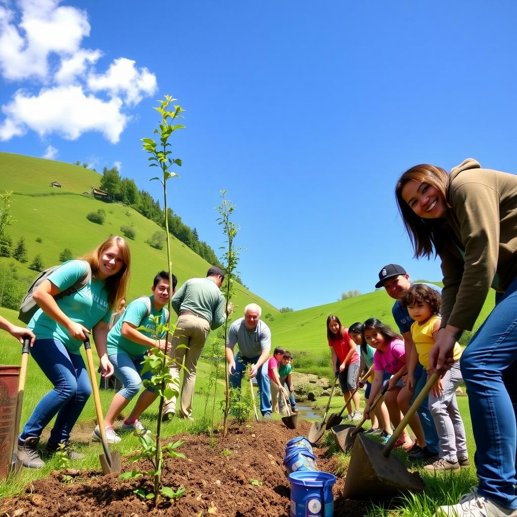 Diverse group of volunteers planting trees in a green park with hills and a stream in the background.