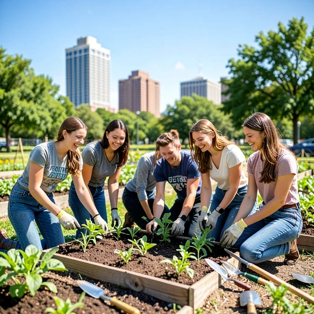 Diverse volunteers planting vegetables in a community garden under sunny skies
