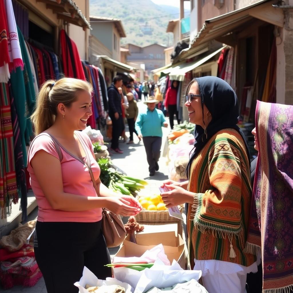 Volunteer engaging with vendors at a colorful Peruvian street market.