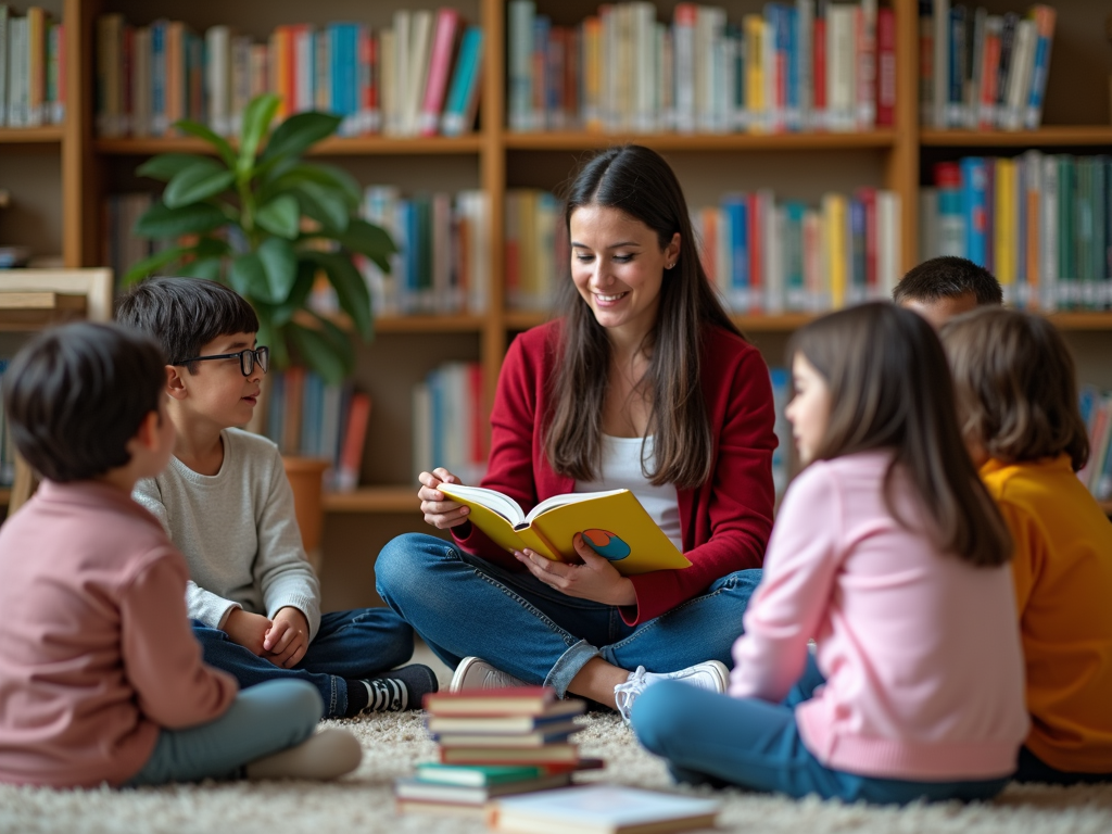 College student reading to kids at a library
