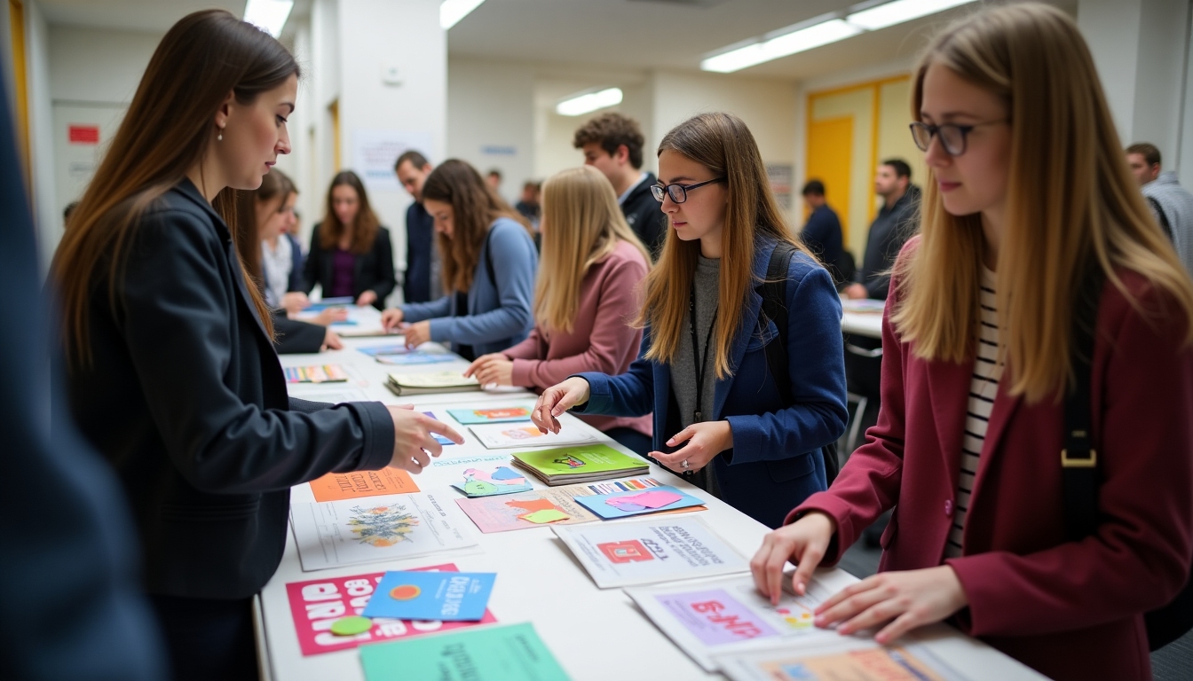 Students at a volunteer fair, exploring various booths that offer different volunteering options.