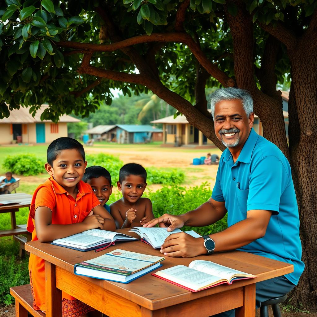 Volunteer teaching children under a tree in a rural village