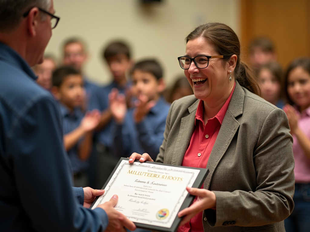 Volunteer receiving recognition at school