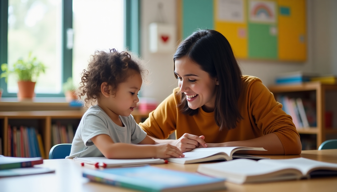 A student tutoring a younger child