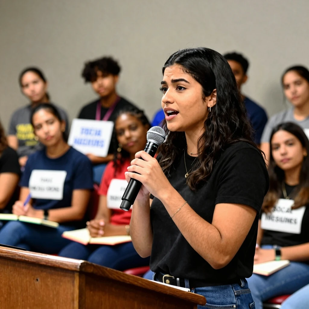 Young woman advocating at a community meeting with volunteers present