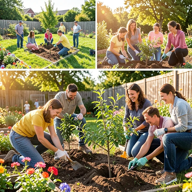 Diverse volunteers collaborating in a thriving community garden project