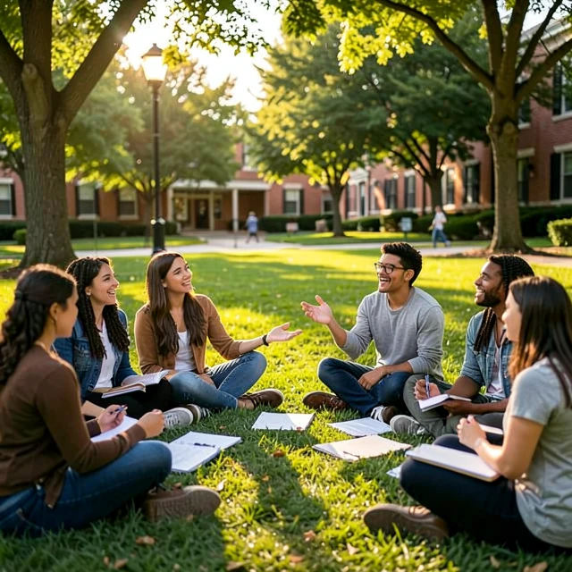 Students in a lively group discussion about civic issues on a university campus