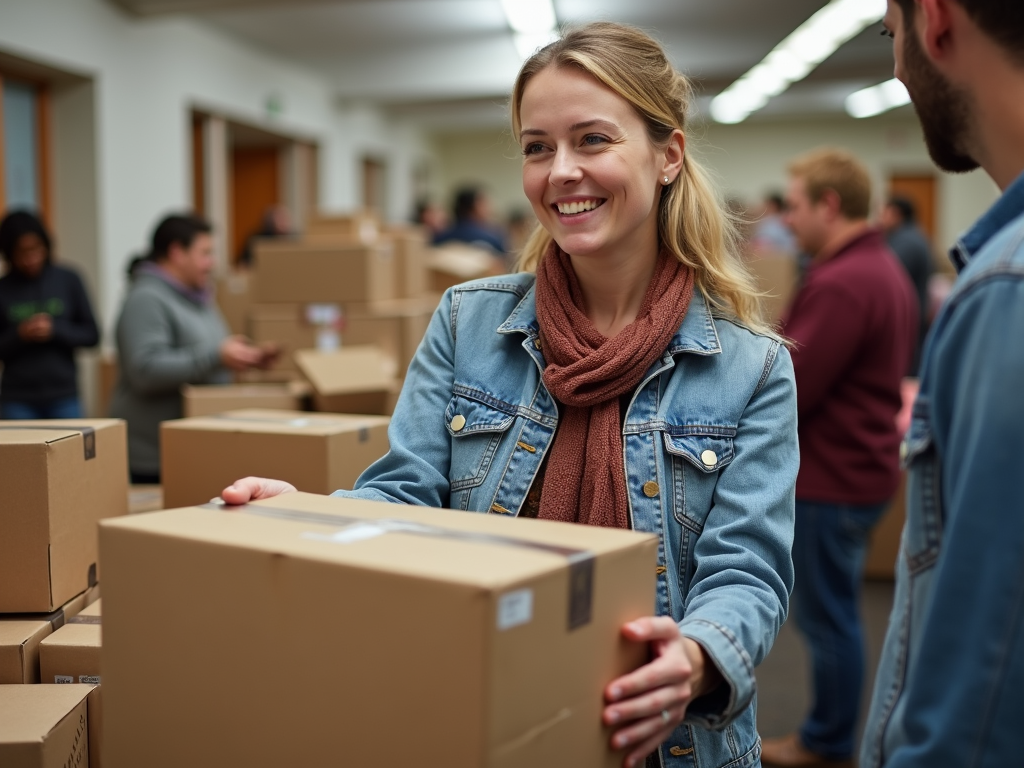 Volunteer handing out food boxes at a food bank