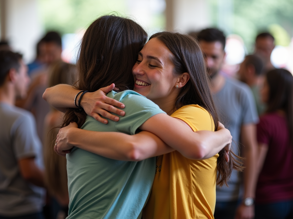 Volunteer and attendee sharing a moment at a health fair.