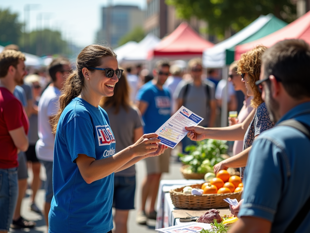 A volunteer handing out campaign flyers at a local event