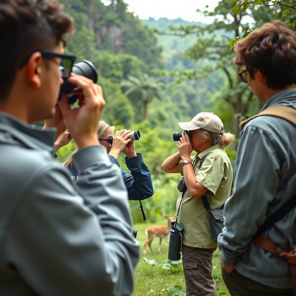 Volunteers and a scientist monitoring wildlife in a national park using binoculars