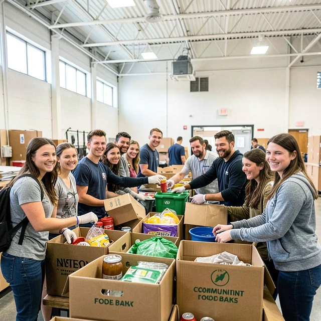 Students volunteering and sorting donations at a community food bank