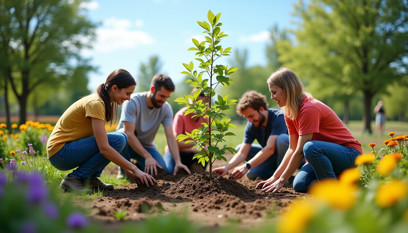 A group of volunteers planting trees in a park.