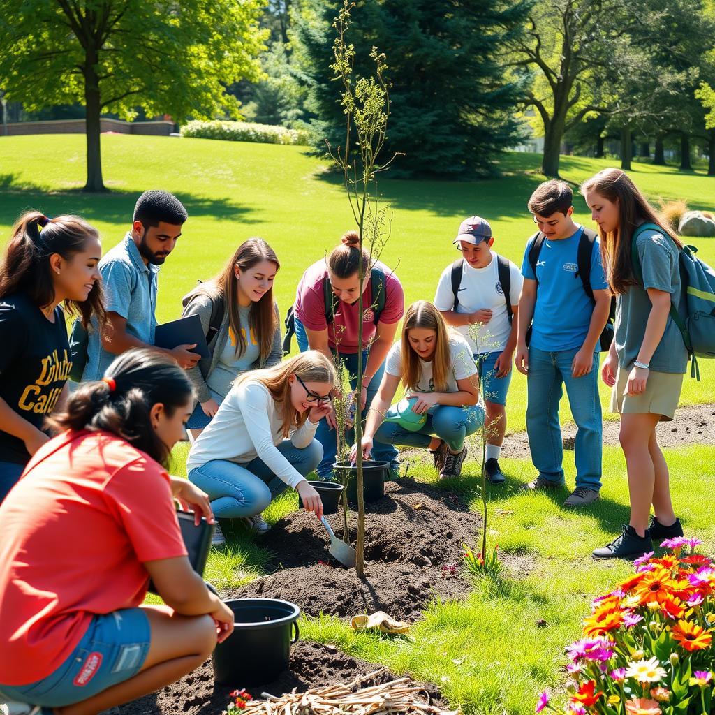 College students planting trees in a community park, collaborating with a park ranger under bright sunlight.