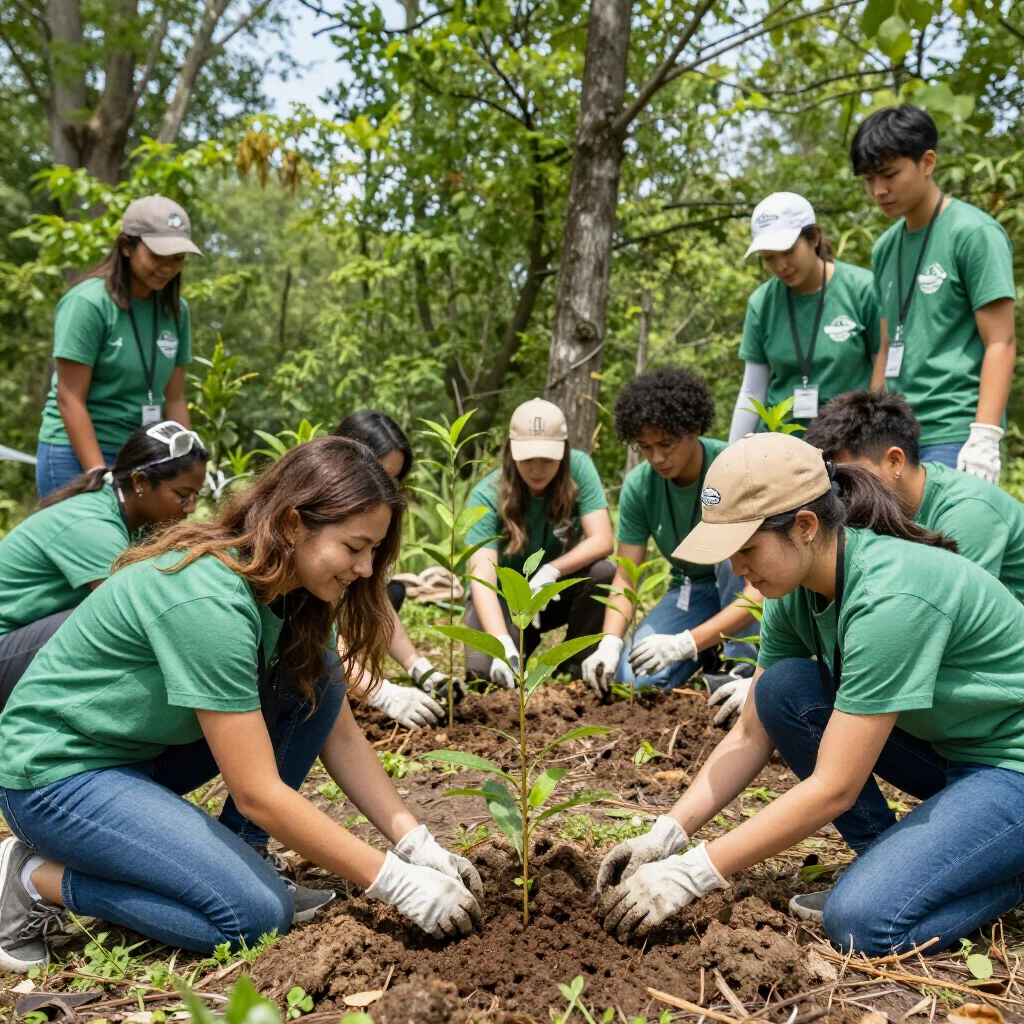 International volunteers planting trees in a conservation effort