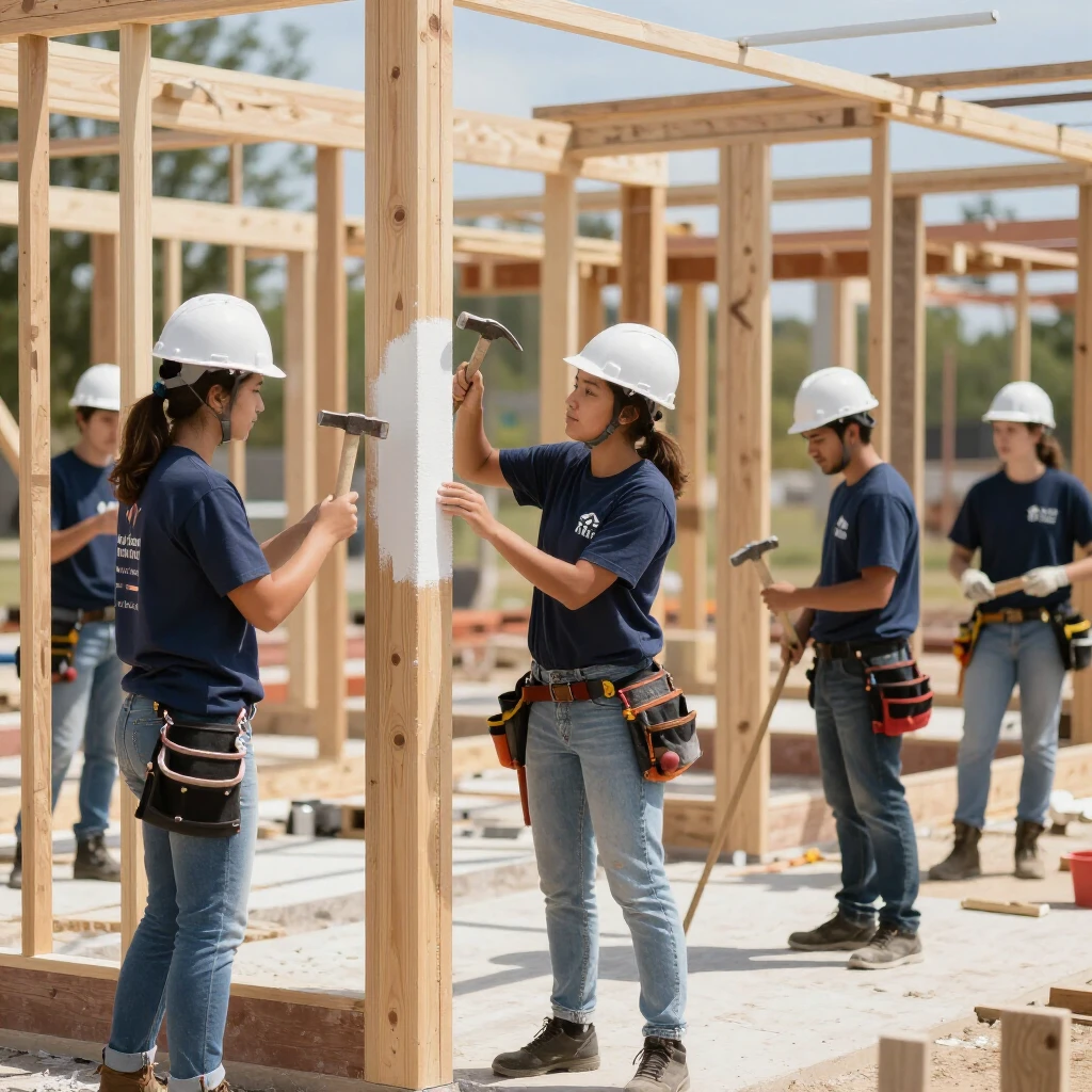 College volunteers building a house with Habitat for Humanity