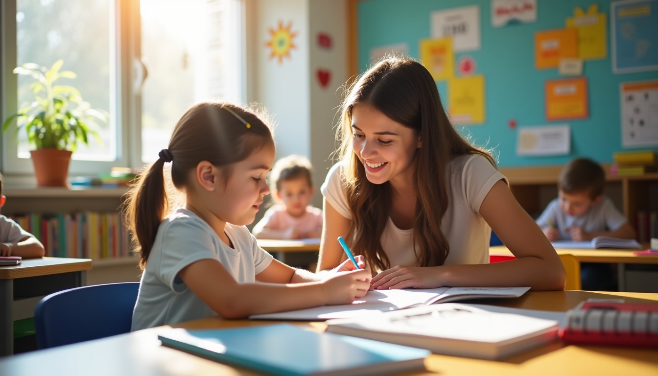 A student mentoring a group of young children in a classroom setting, with books and educational materials visible.