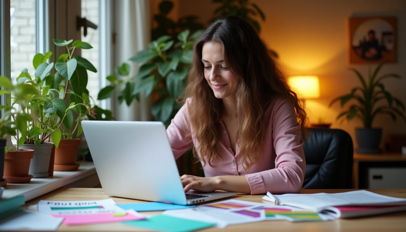A volunteer working on a laptop in a cozy home office setting, surrounded by advocacy campaign materials.