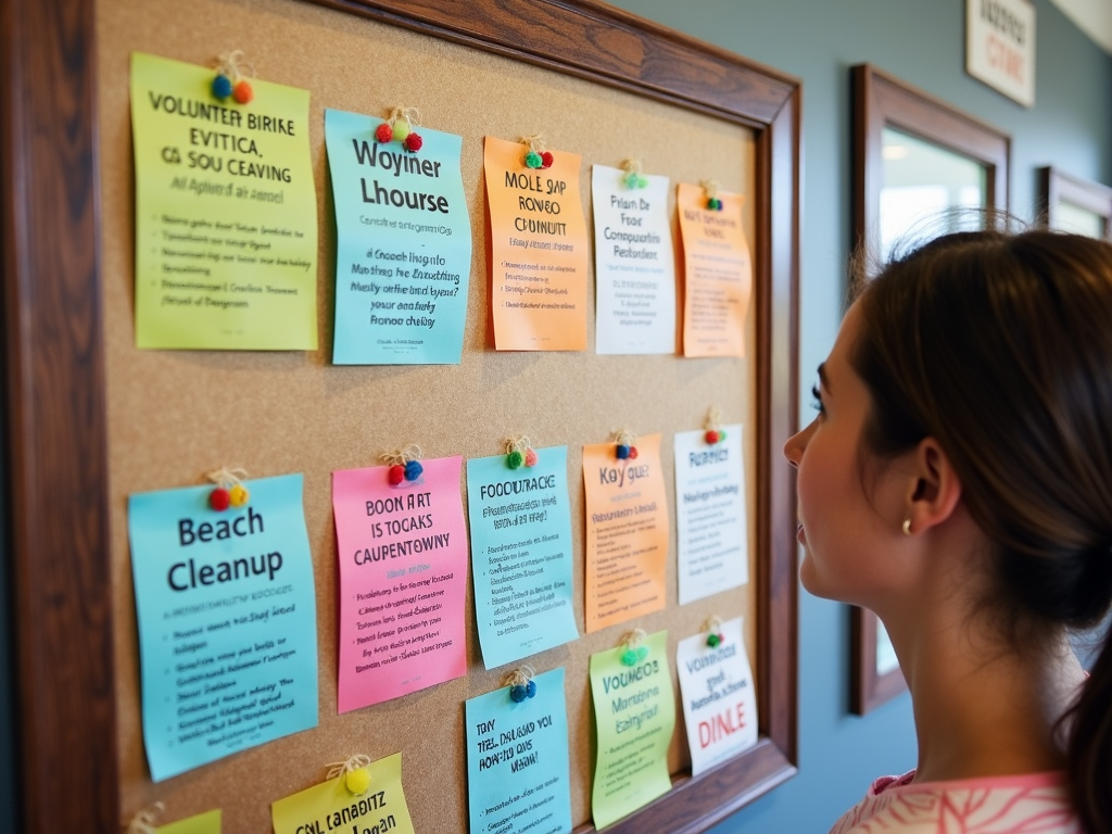 Community bulletin board with volunteer opportunity flyers.