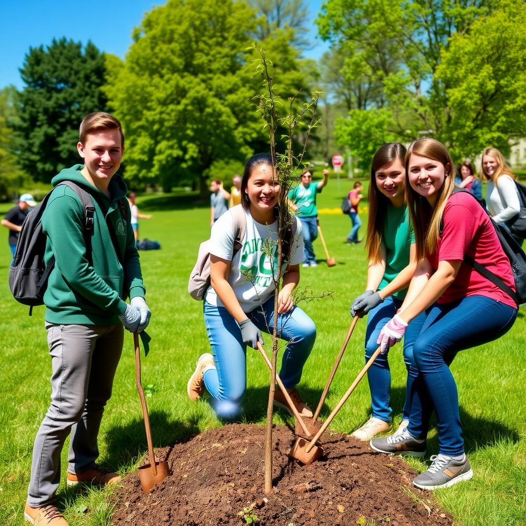 College students planting trees in a sunny park