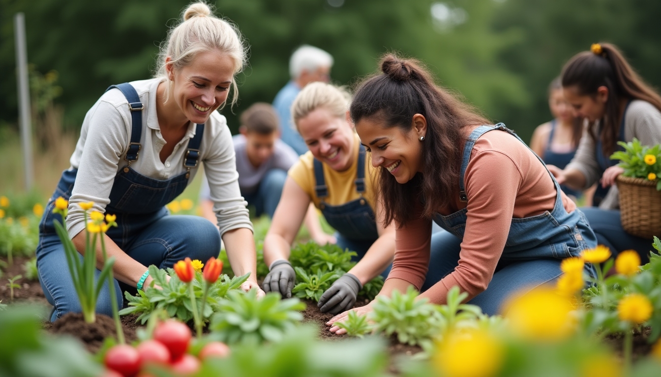 Community members collaborating on a garden project, illustrating the joy of working together for a common goal.
