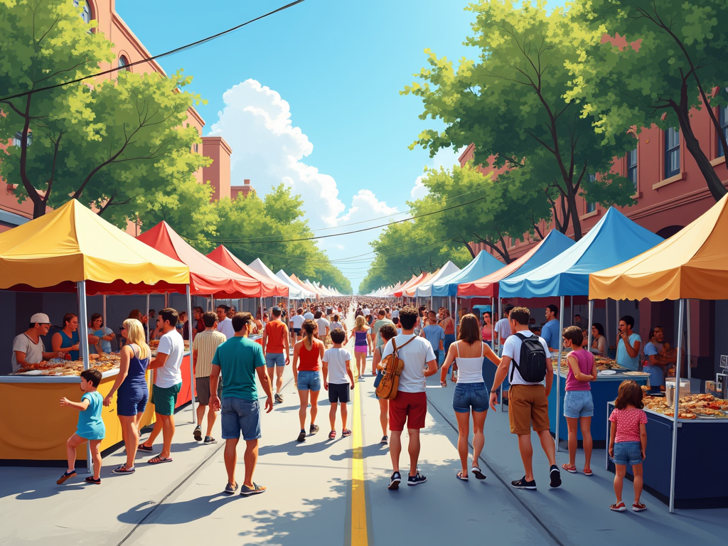 A community street fair buzzing with life, a result of civic engagement efforts.