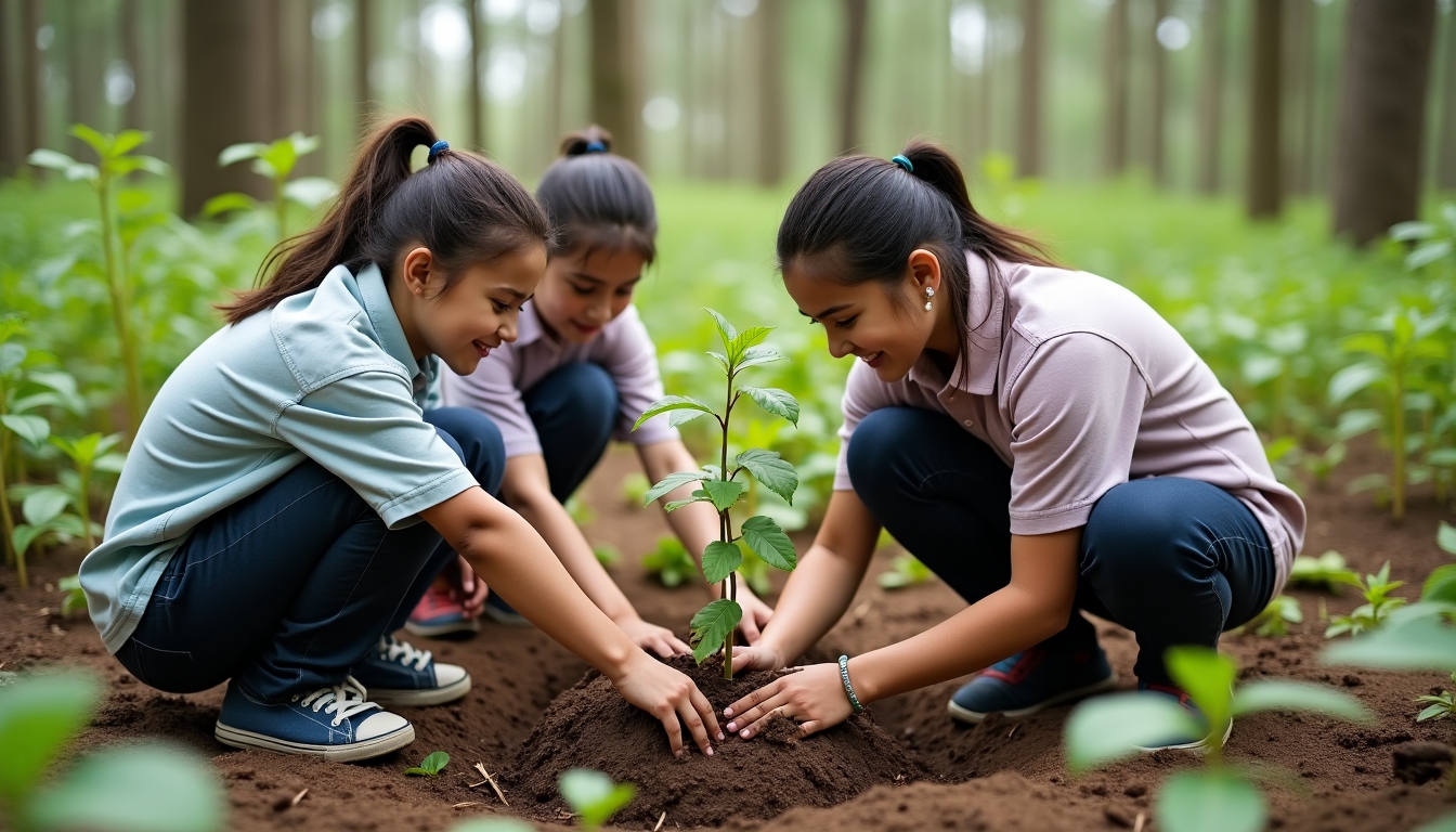 Students working together on a reforestation project, planting young trees.