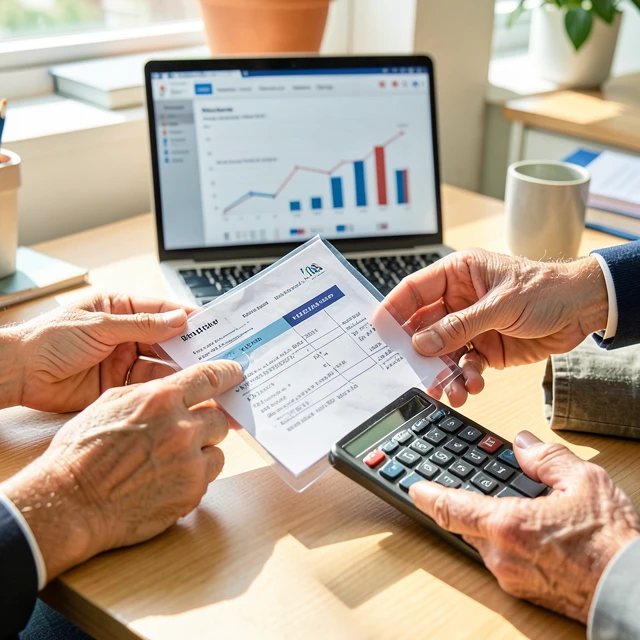 Hands examining transparent financial documents in a non-profit office