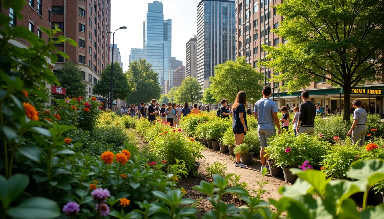 Urban garden flourishing amidst city structures, symbolizing grassroots advocacy success.