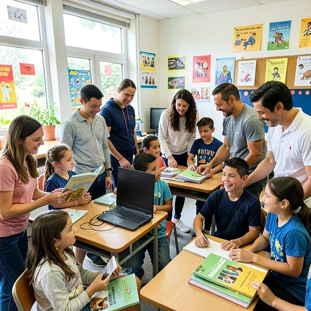 Volunteers assisting students in a classroom setting