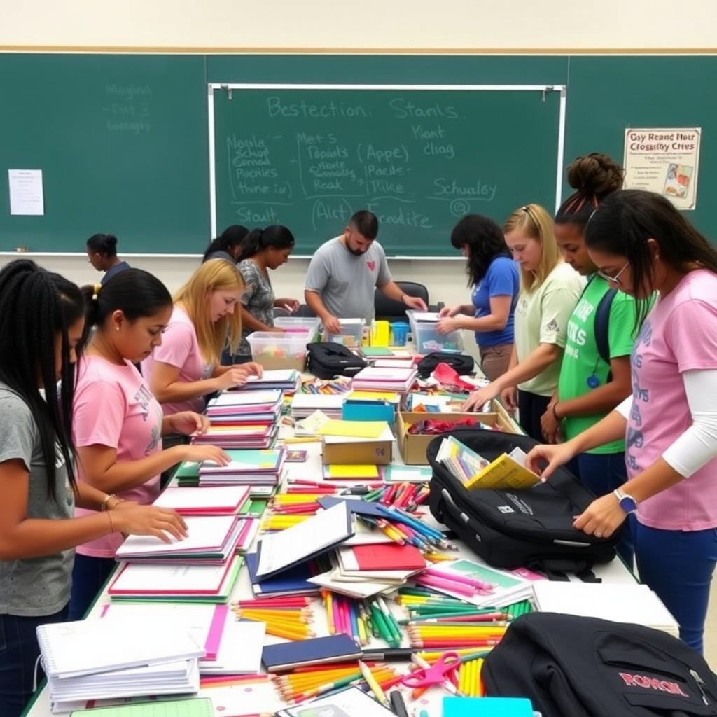 Volunteers organizing donated school supplies on tables in a community center.