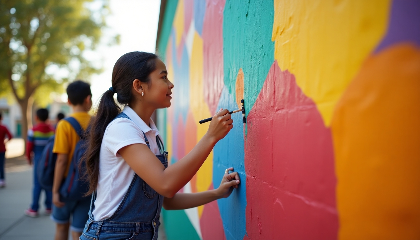 A volunteer artist painting a mural in an elementary school.