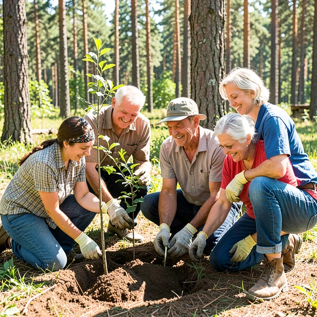Volunteers planting trees in a community environmental project