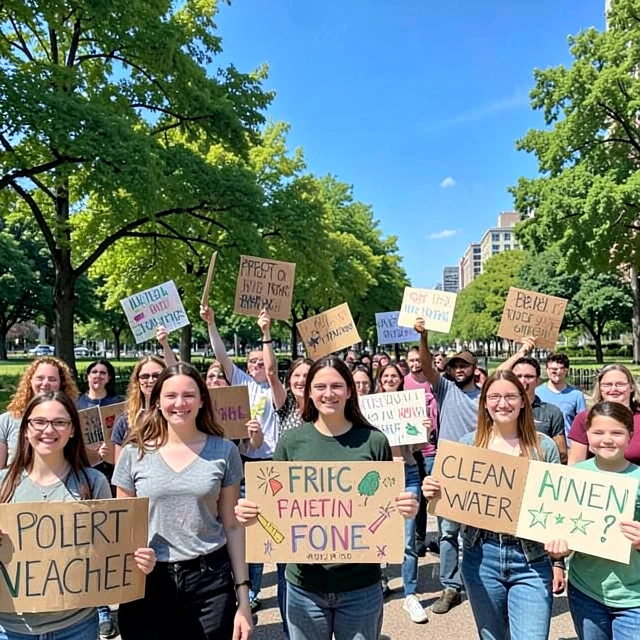 Diverse group joining an environmental advocacy protest in a city park